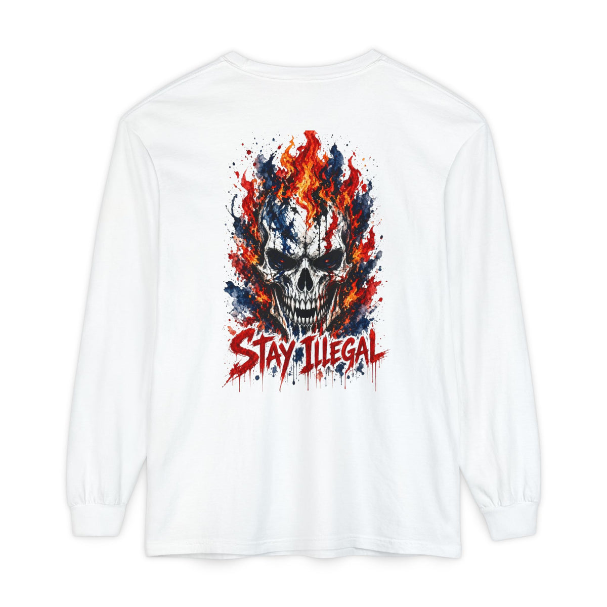 Back Print Long Sleeve T‑Shirt — Stay Illegal Skull/C