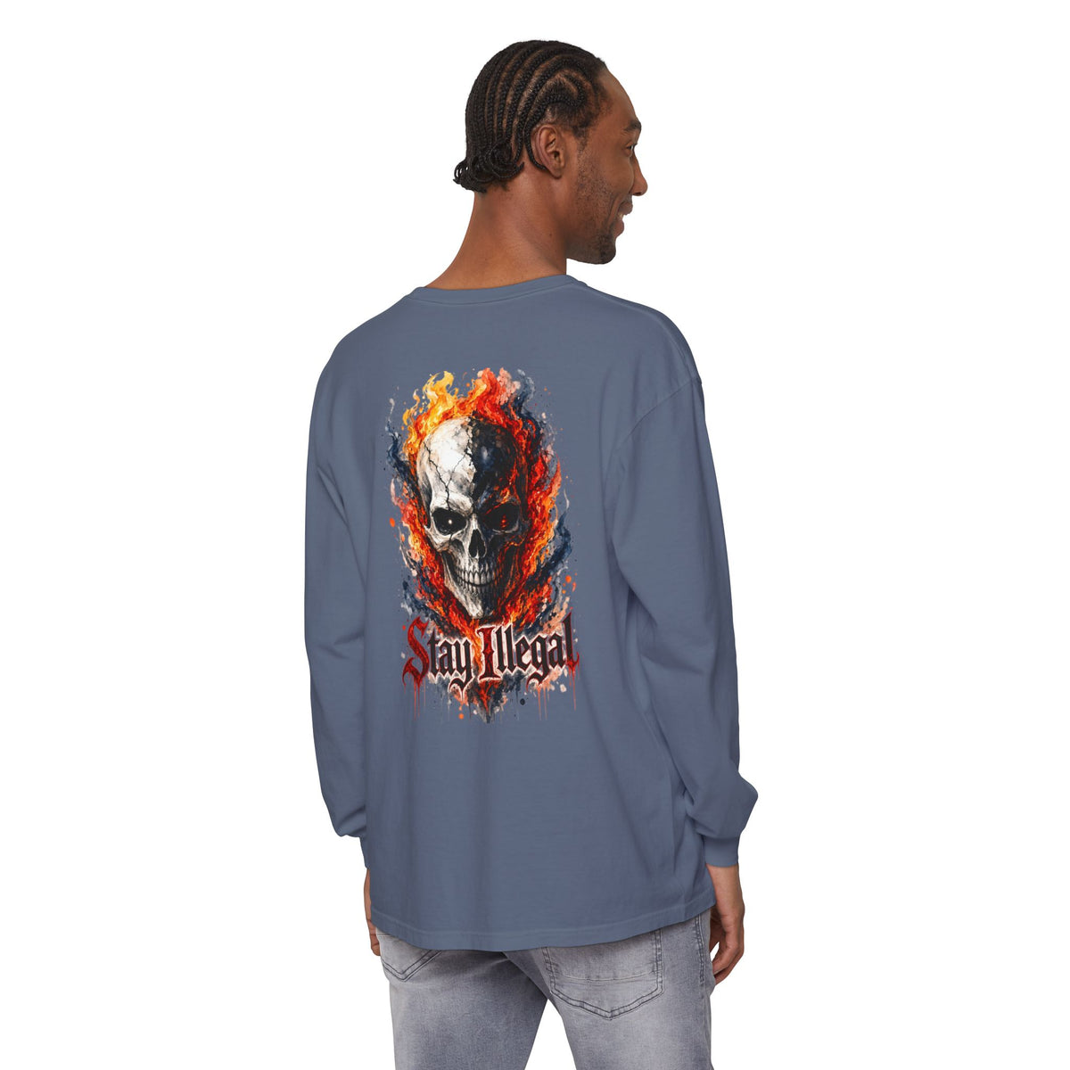 Back Print Long Sleeve T‑Shirt — Stay Illegal Skull/B