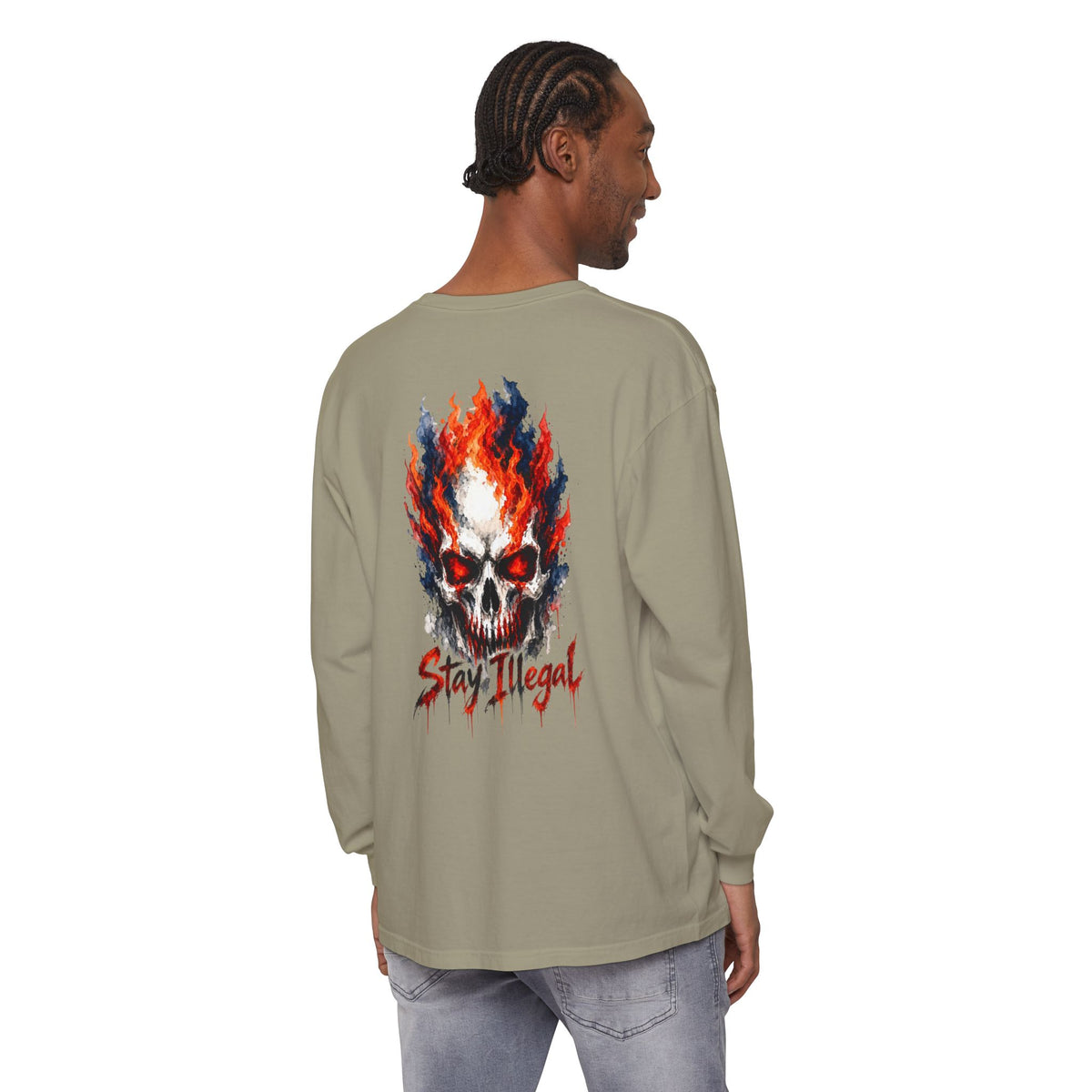 Back Print Long Sleeve T‑Shirt — Stay Illegal Skull/D
