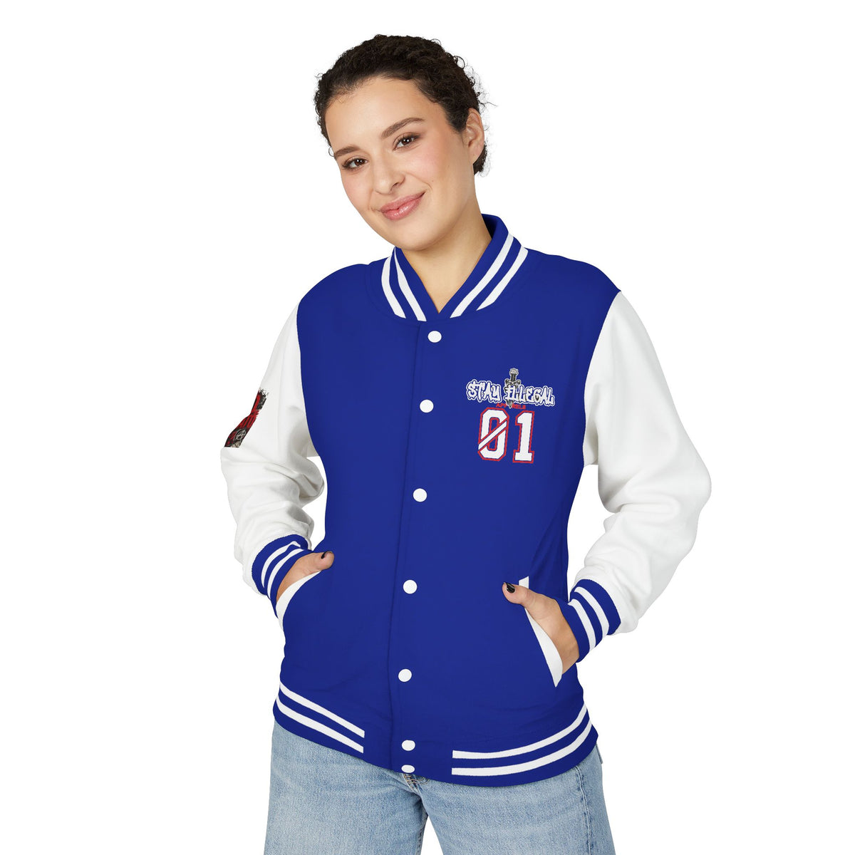 Stay Illegal Varsity Bomber Jacket - Calm Like a Bomb 01 (No To NATO Graphic)