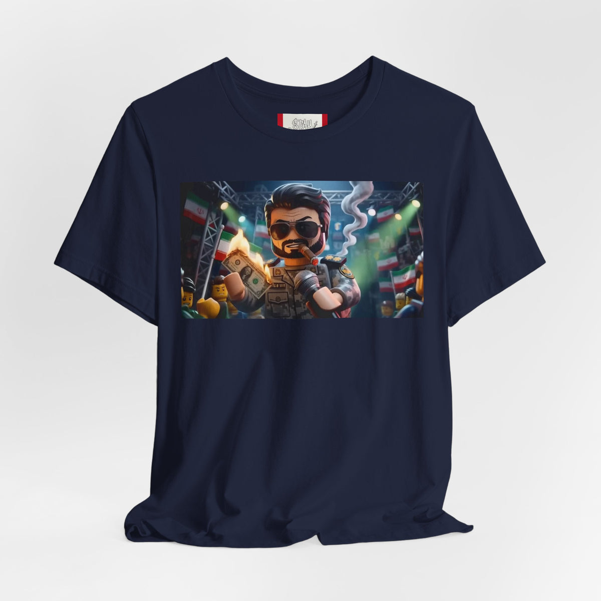 Propaganda T‑Shirt — IRAN LEGOS — IRGC Burn The Dollars