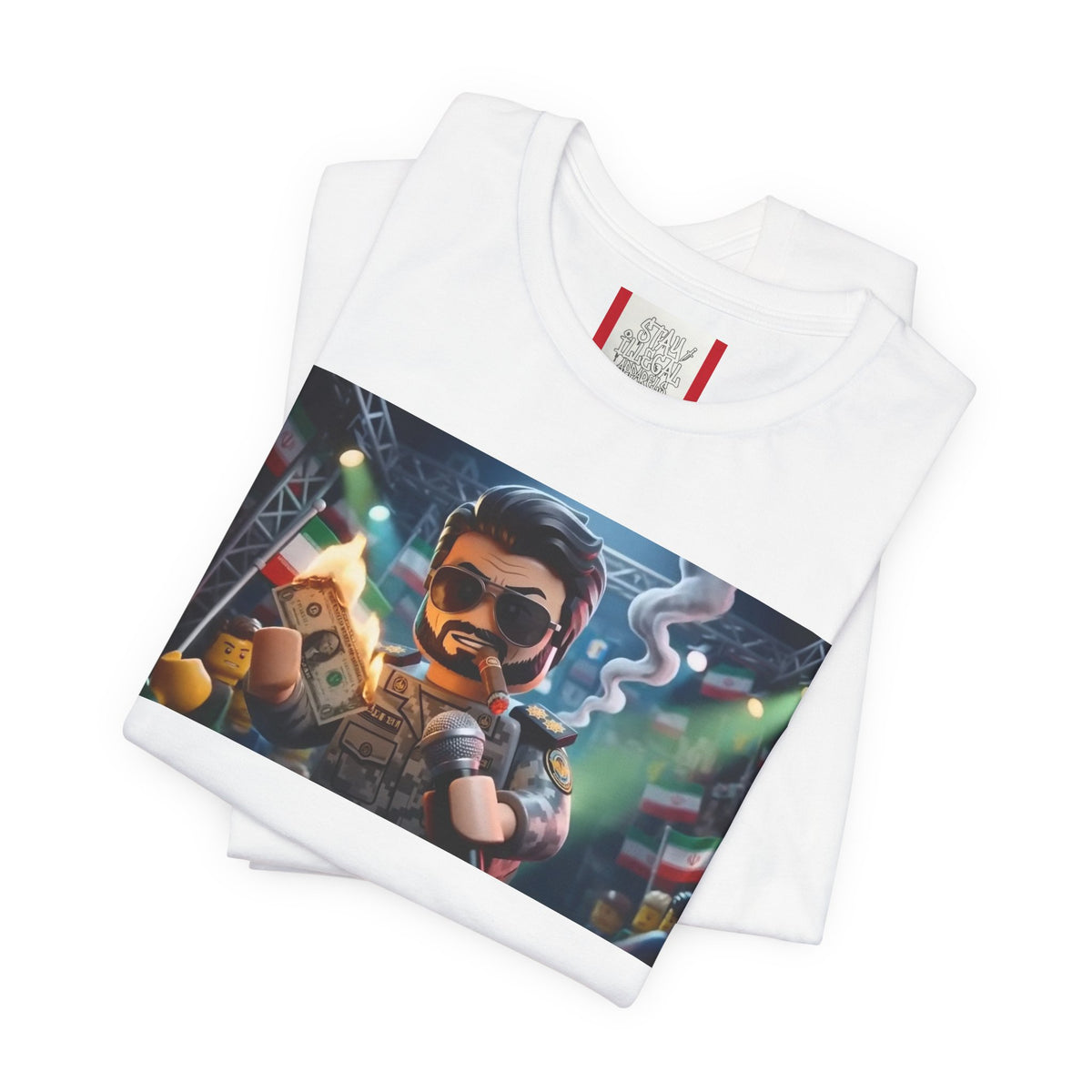 Propaganda T‑Shirt — IRAN LEGOS — IRGC Burn The Dollars