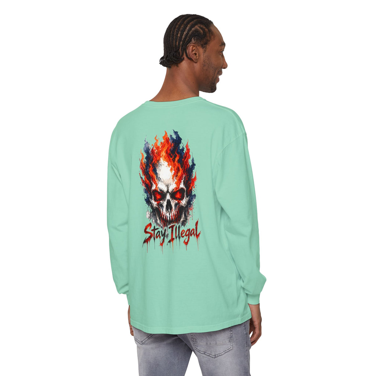 Back Print Long Sleeve T‑Shirt — Stay Illegal Skull/D