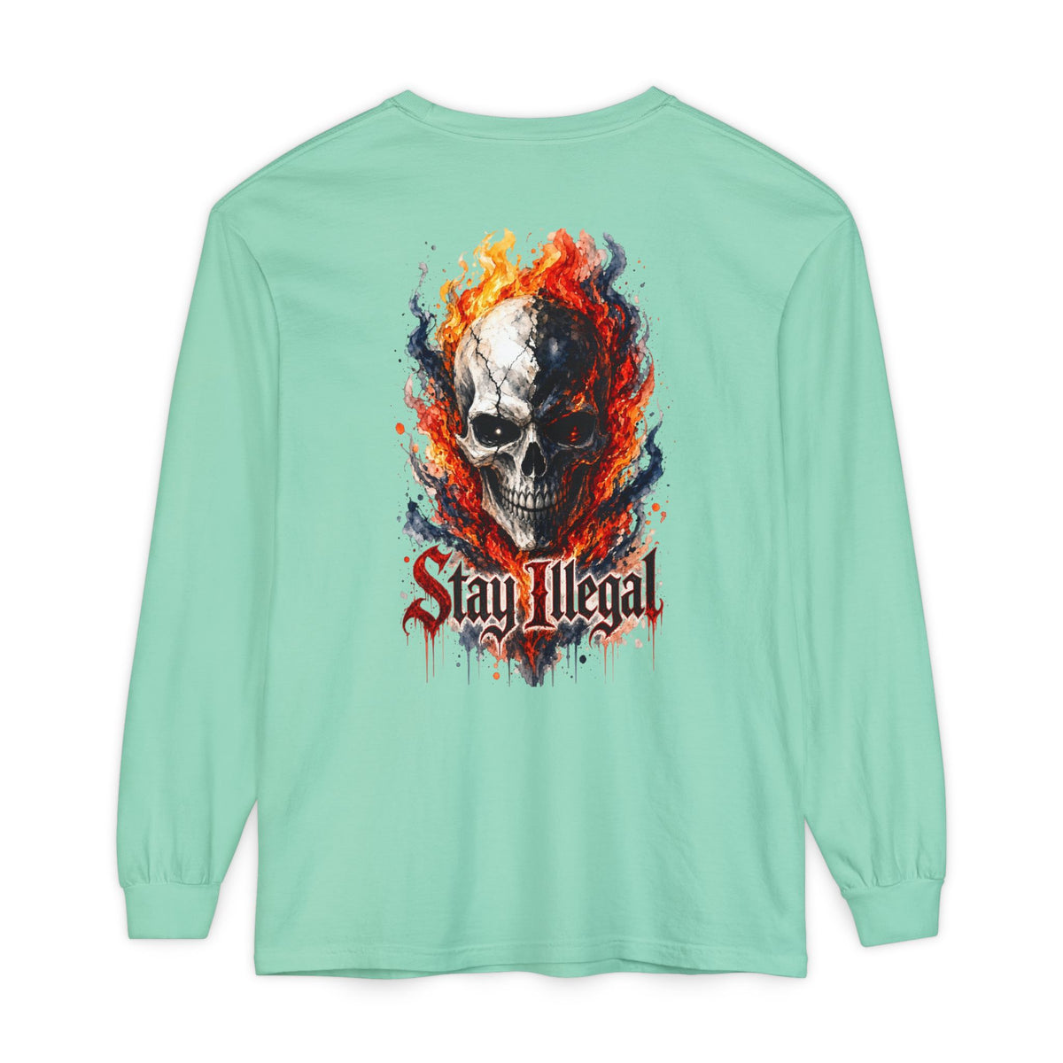 Back Print Long Sleeve T‑Shirt — Stay Illegal Skull/B