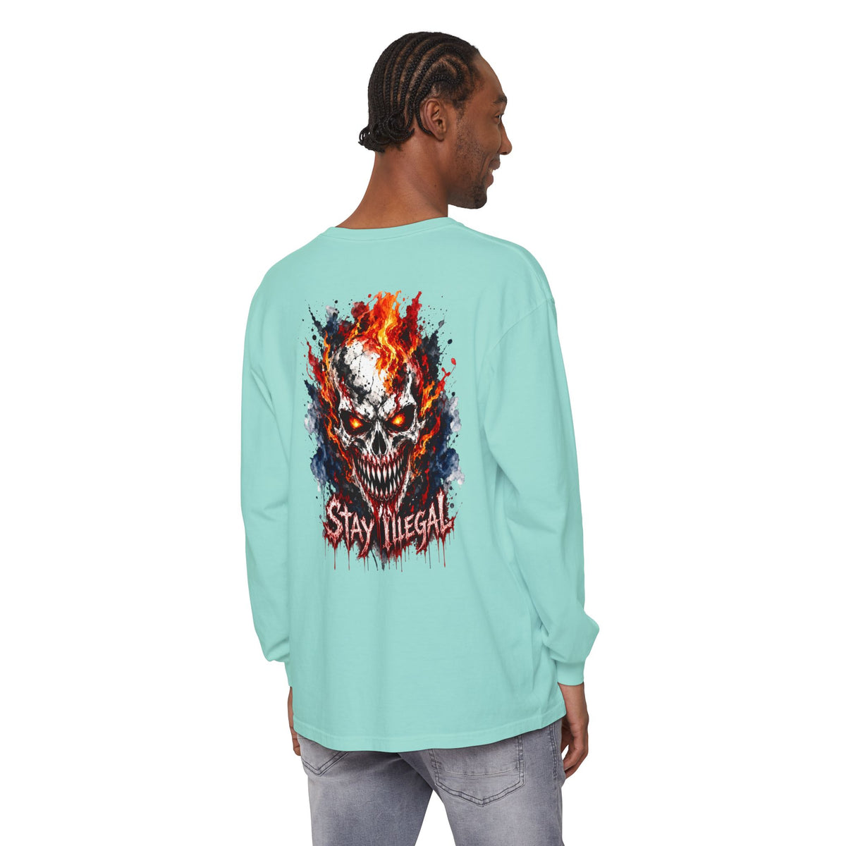 Back Print Long Sleeve T‑Shirt — Stay Illegal Skull/E