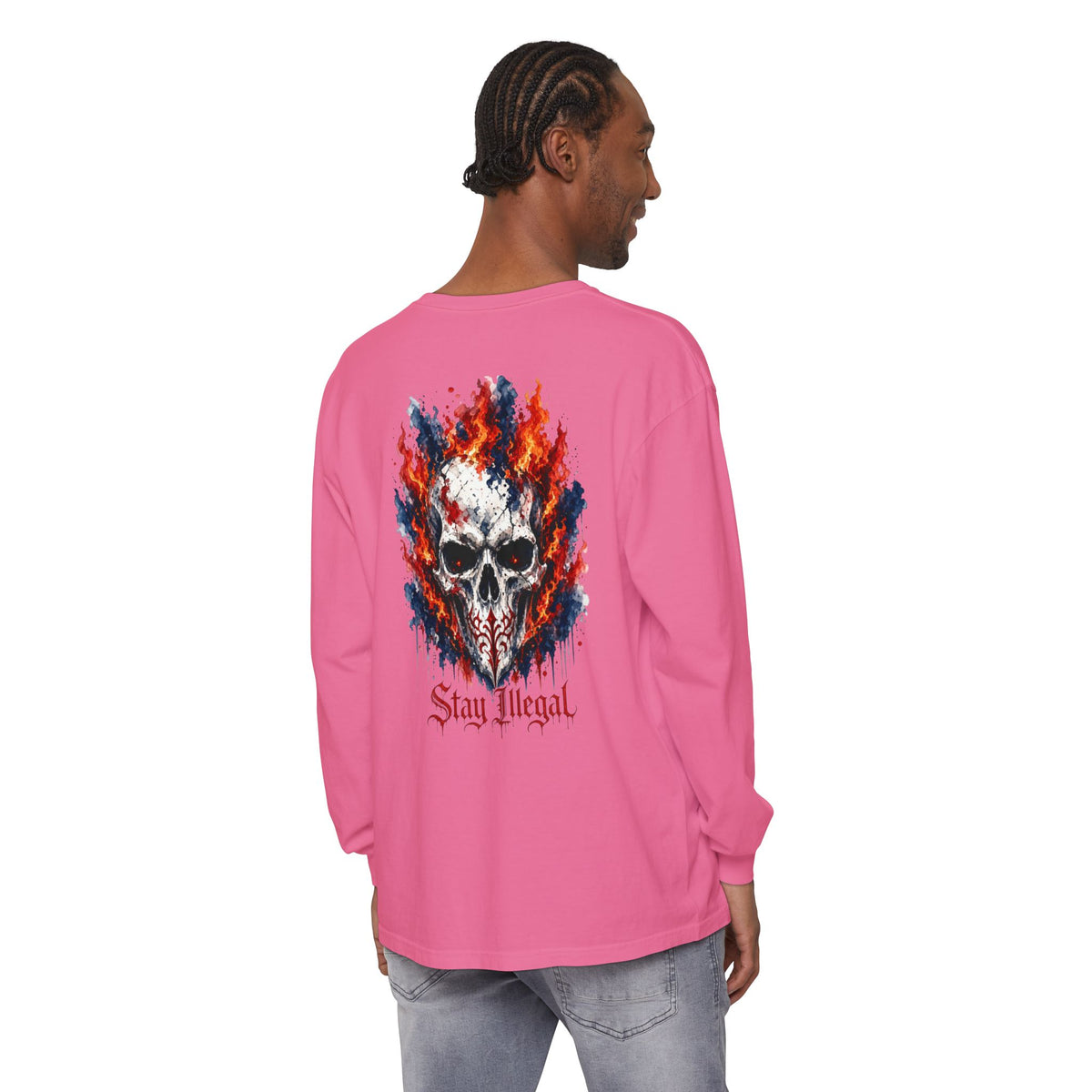 Back Print Long Sleeve T‑Shirt — Stay Illegal Skull/A