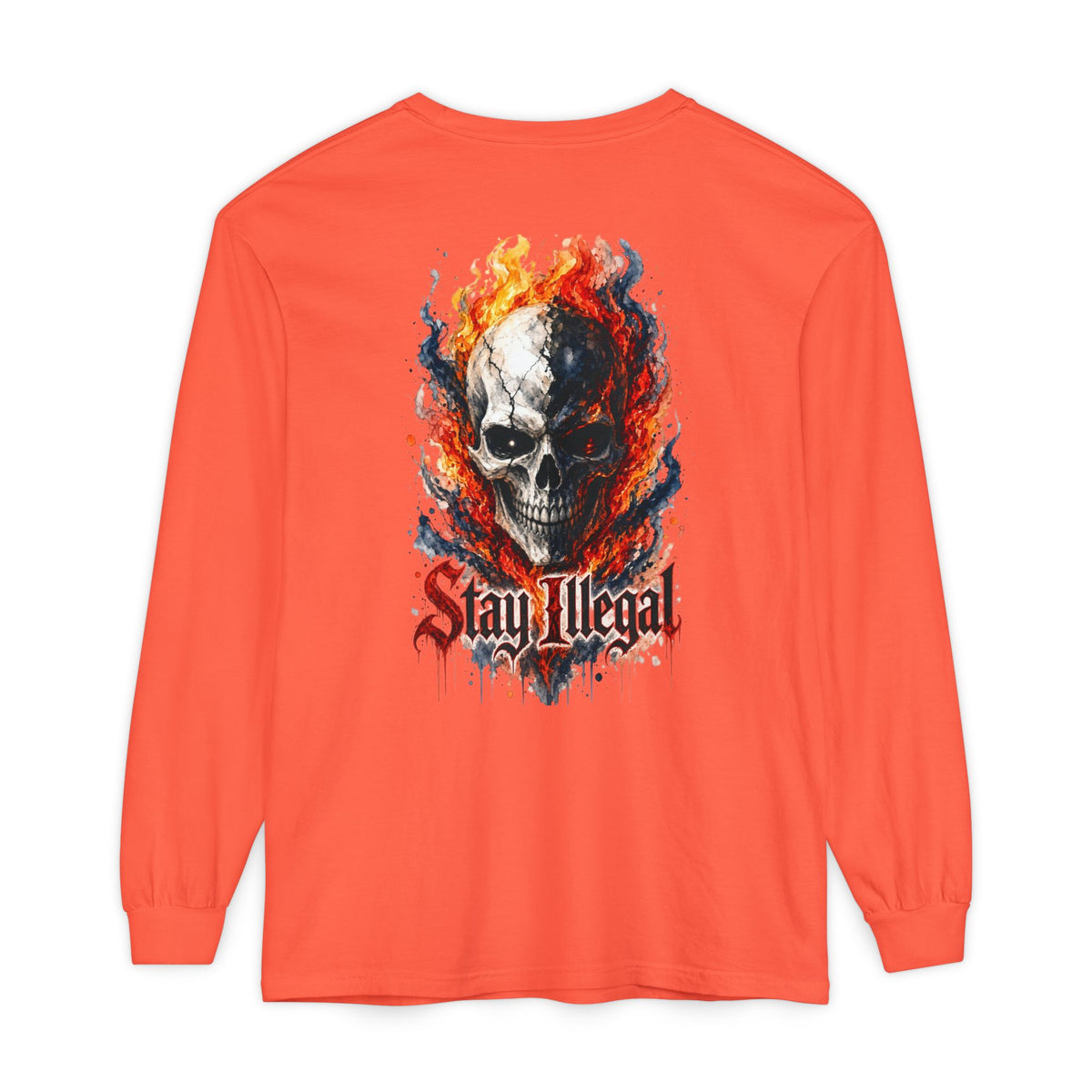 Back Print Long Sleeve T‑Shirt — Stay Illegal Skull/B