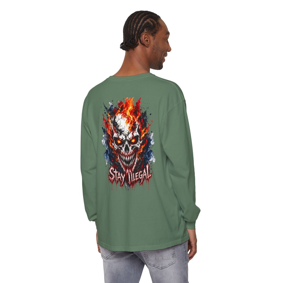 Back Print Long Sleeve T‑Shirt — Stay Illegal Skull/E