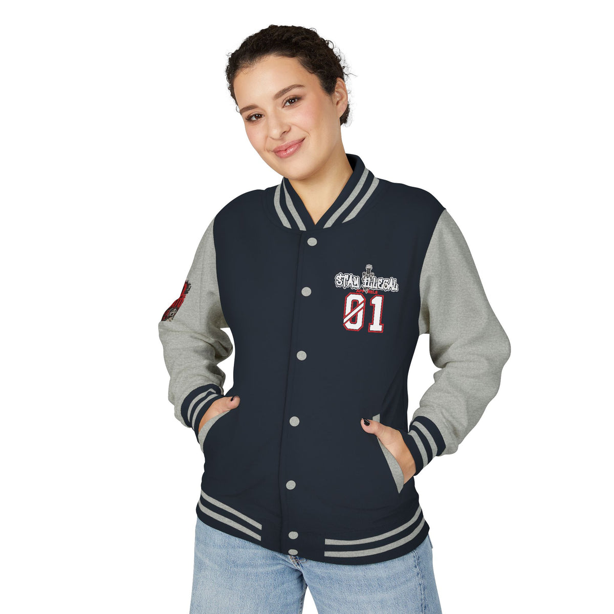 Stay Illegal Varsity Bomber Jacket - Calm Like a Bomb 01 (No To NATO Graphic)