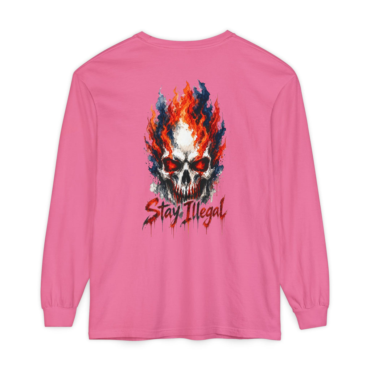 Back Print Long Sleeve T‑Shirt — Stay Illegal Skull/D