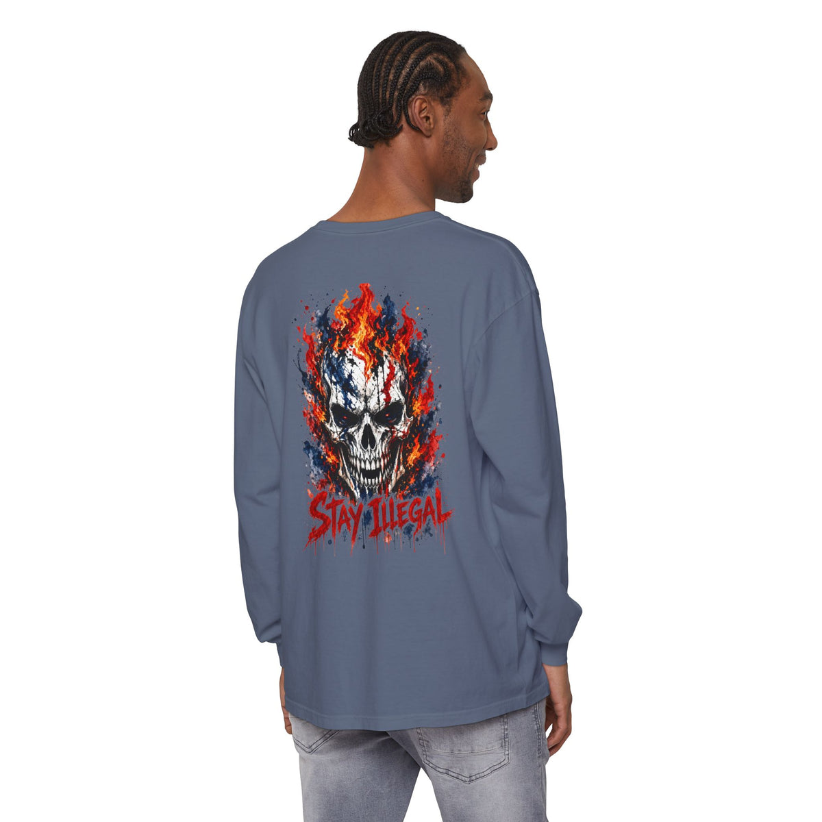 Back Print Long Sleeve T‑Shirt — Stay Illegal Skull/C
