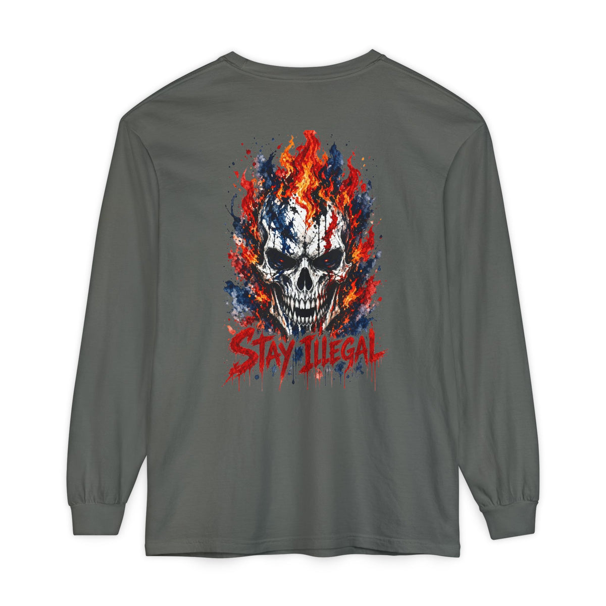 Back Print Long Sleeve T‑Shirt — Stay Illegal Skull/C
