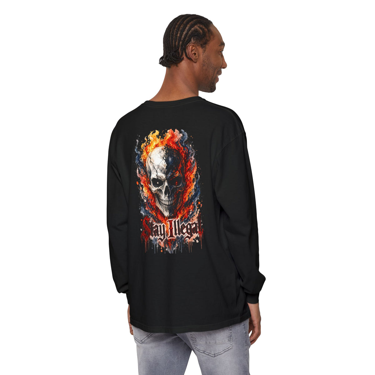 Back Print Long Sleeve T‑Shirt — Stay Illegal Skull/B