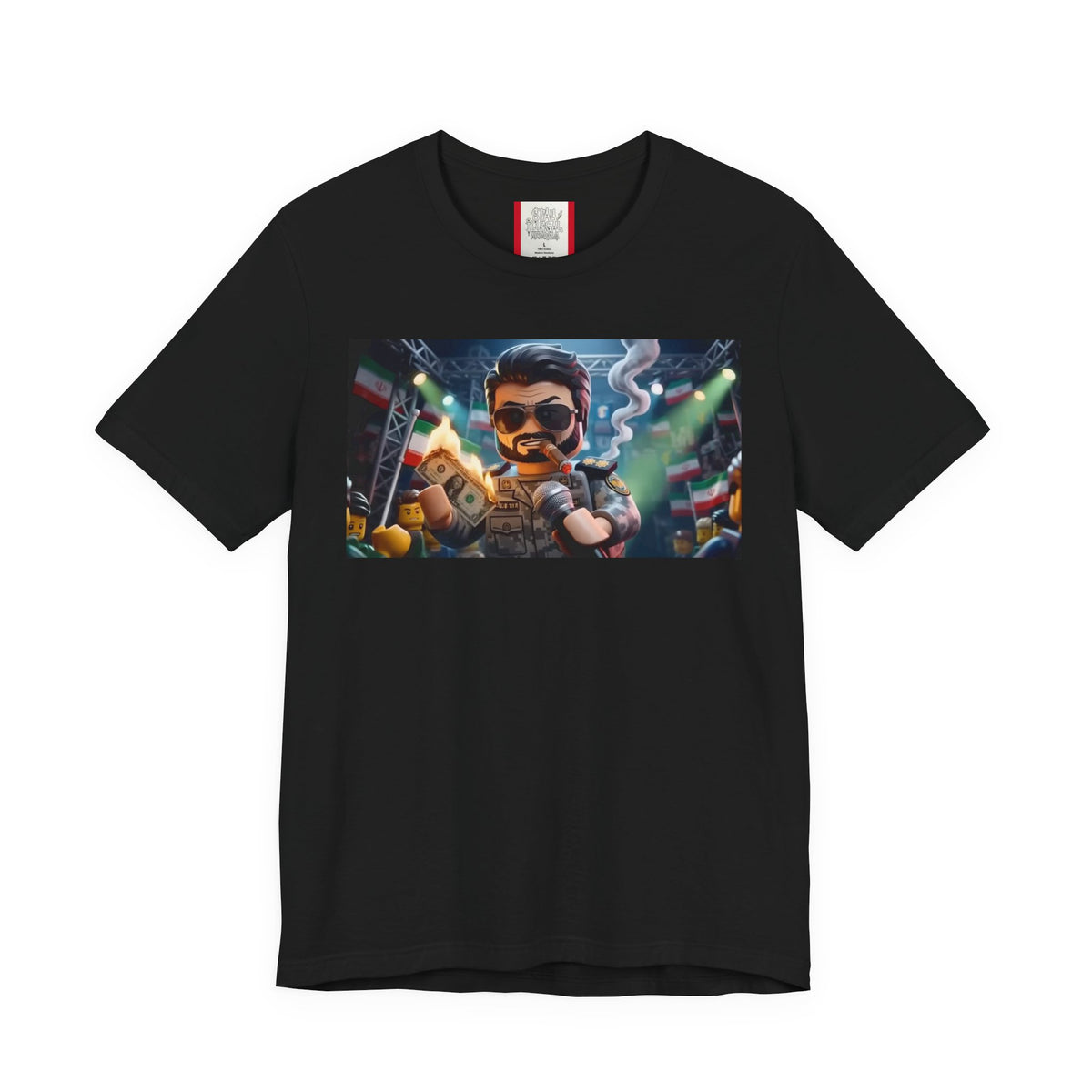 Propaganda T‑Shirt — IRAN LEGOS — IRGC Burn The Dollars