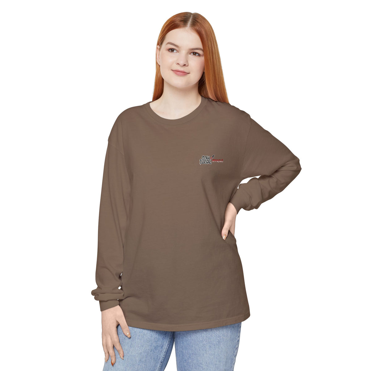 Back Print Long Sleeve T‑Shirt — Stay Illegal Skull/A