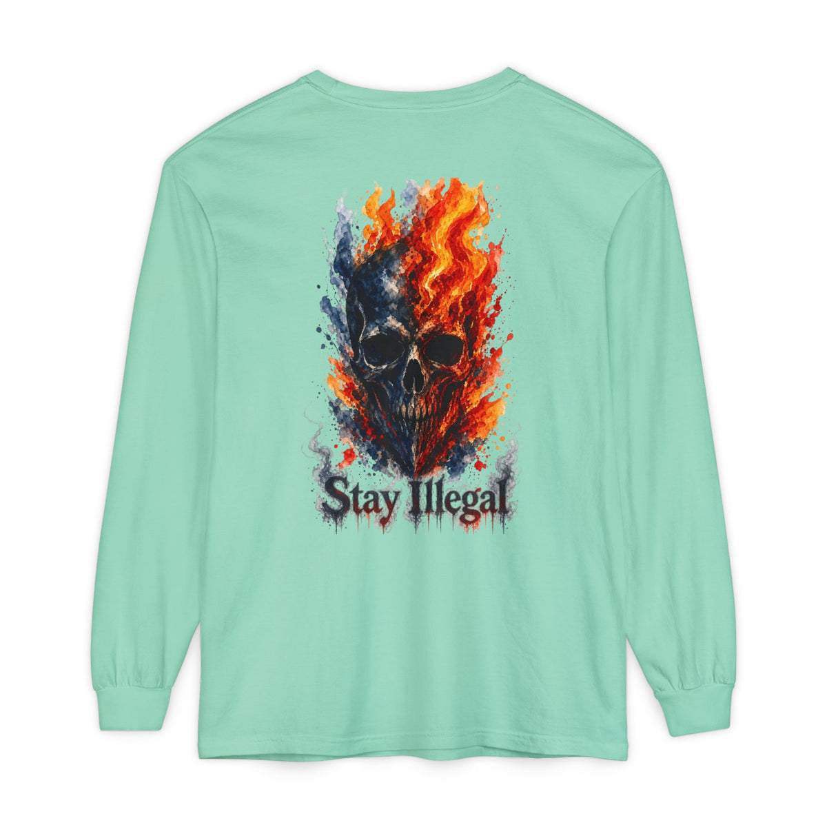 Back Print Long Sleeve T‑Shirt — Stay Illegal Skull/F