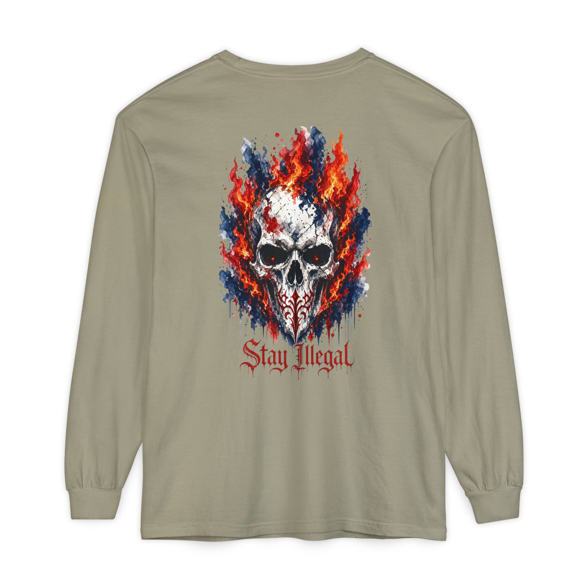 Back Print Long Sleeve T‑Shirt — Stay Illegal Skull/A