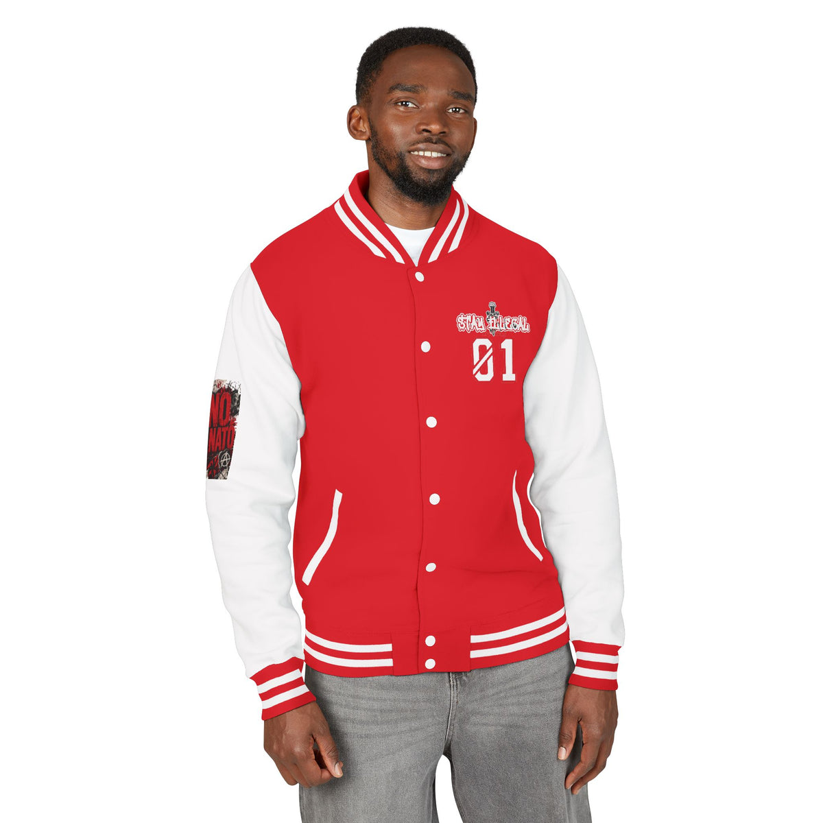 Stay Illegal Varsity Bomber Jacket - Calm Like a Bomb 01 (No To NATO Graphic)