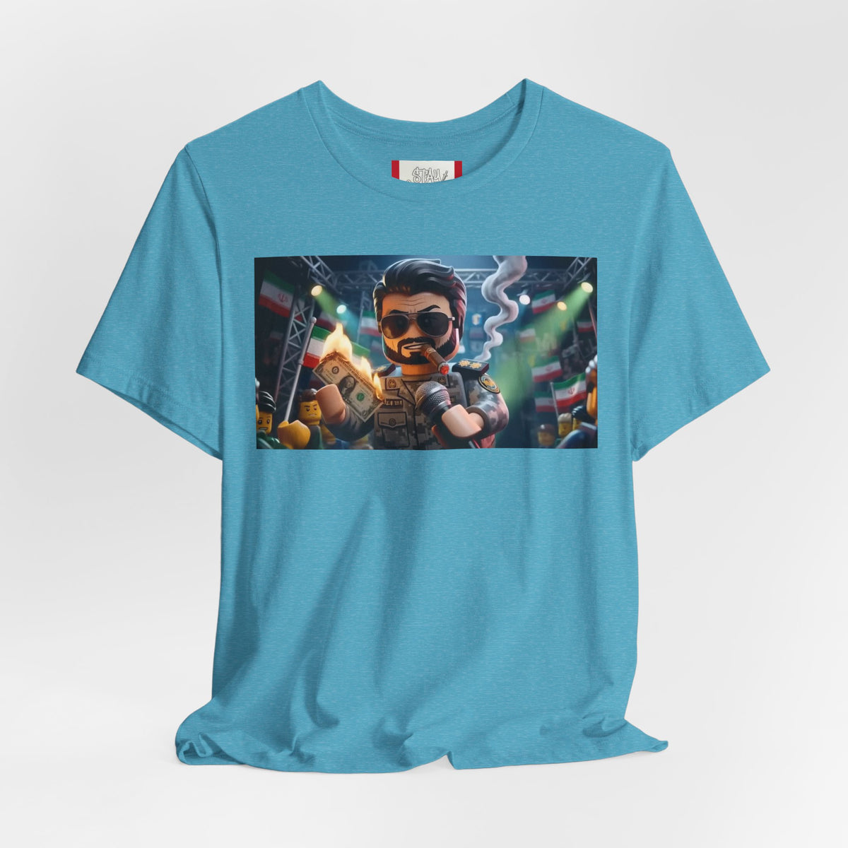 Propaganda T‑Shirt — IRAN LEGOS — IRGC Burn The Dollars