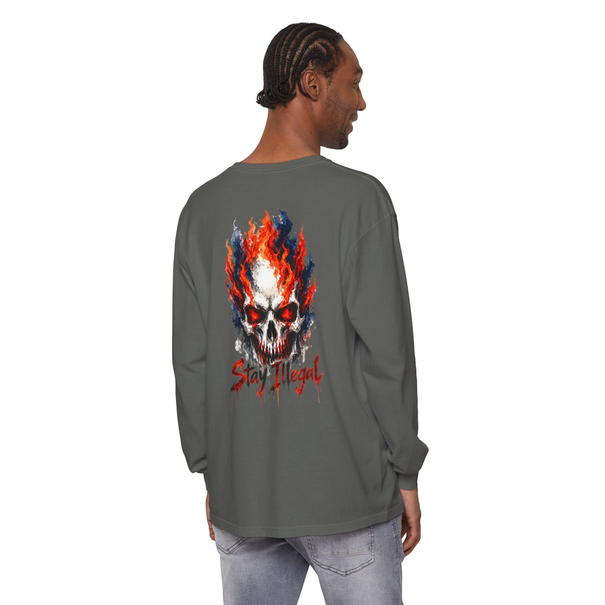 Back Print Long Sleeve T‑Shirt — Stay Illegal Skull/D