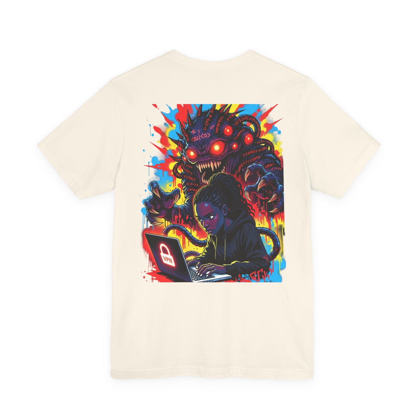Back Print T‑Shirt — HACKER GIRL/NEON GLITCH VPN