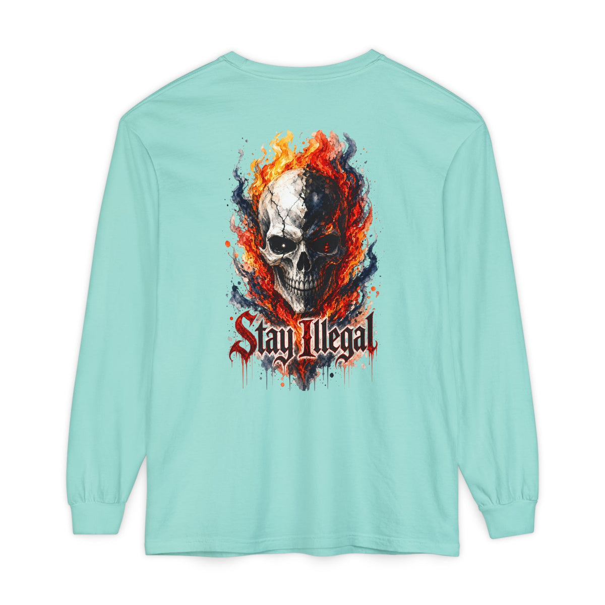 Back Print Long Sleeve T‑Shirt — Stay Illegal Skull/B