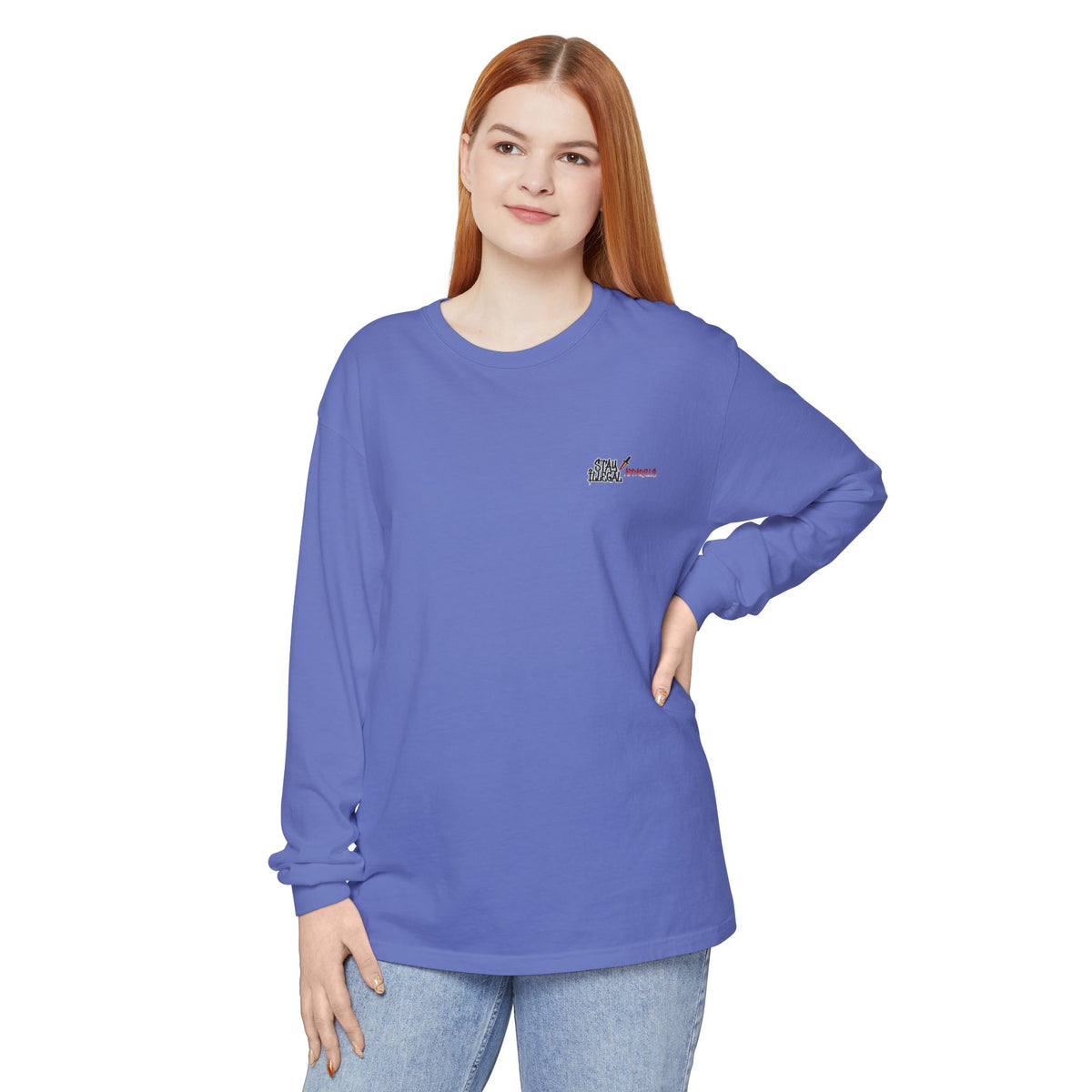 Back Print Long Sleeve T‑Shirt — Stay Illegal Skull/B