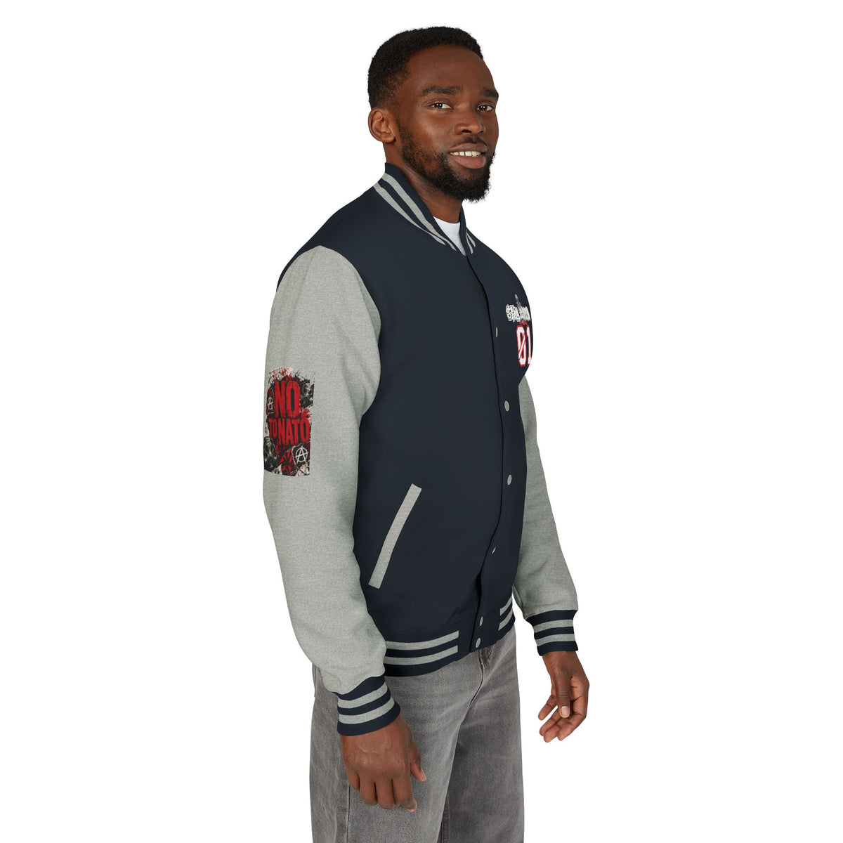 Stay Illegal Varsity Bomber Jacket - Calm Like a Bomb 01 (No To NATO Graphic)
