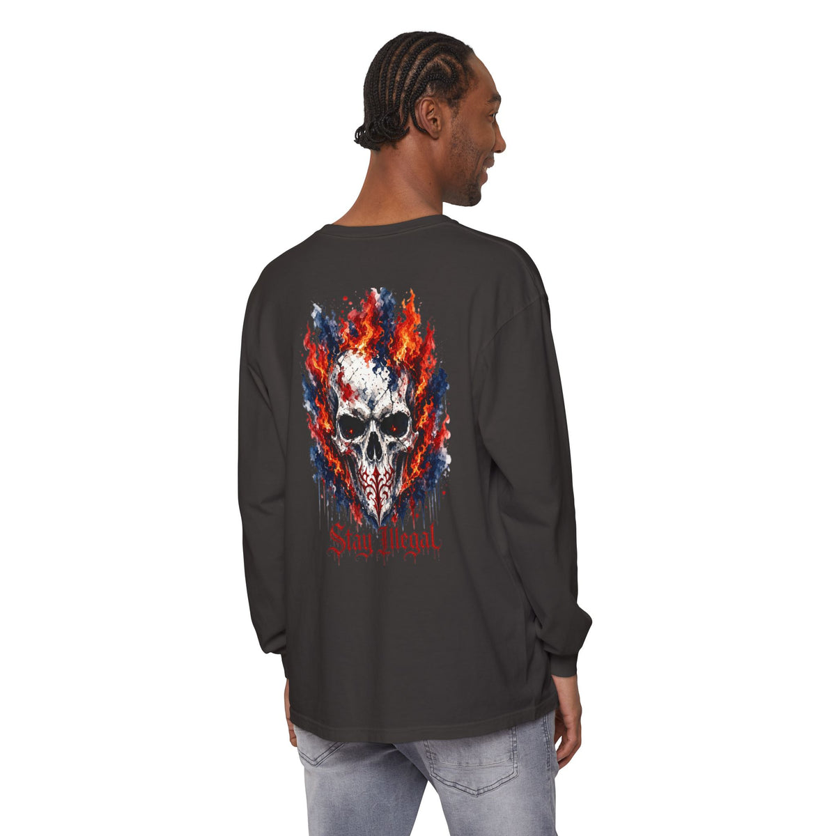 Back Print Long Sleeve T‑Shirt — Stay Illegal Skull/A
