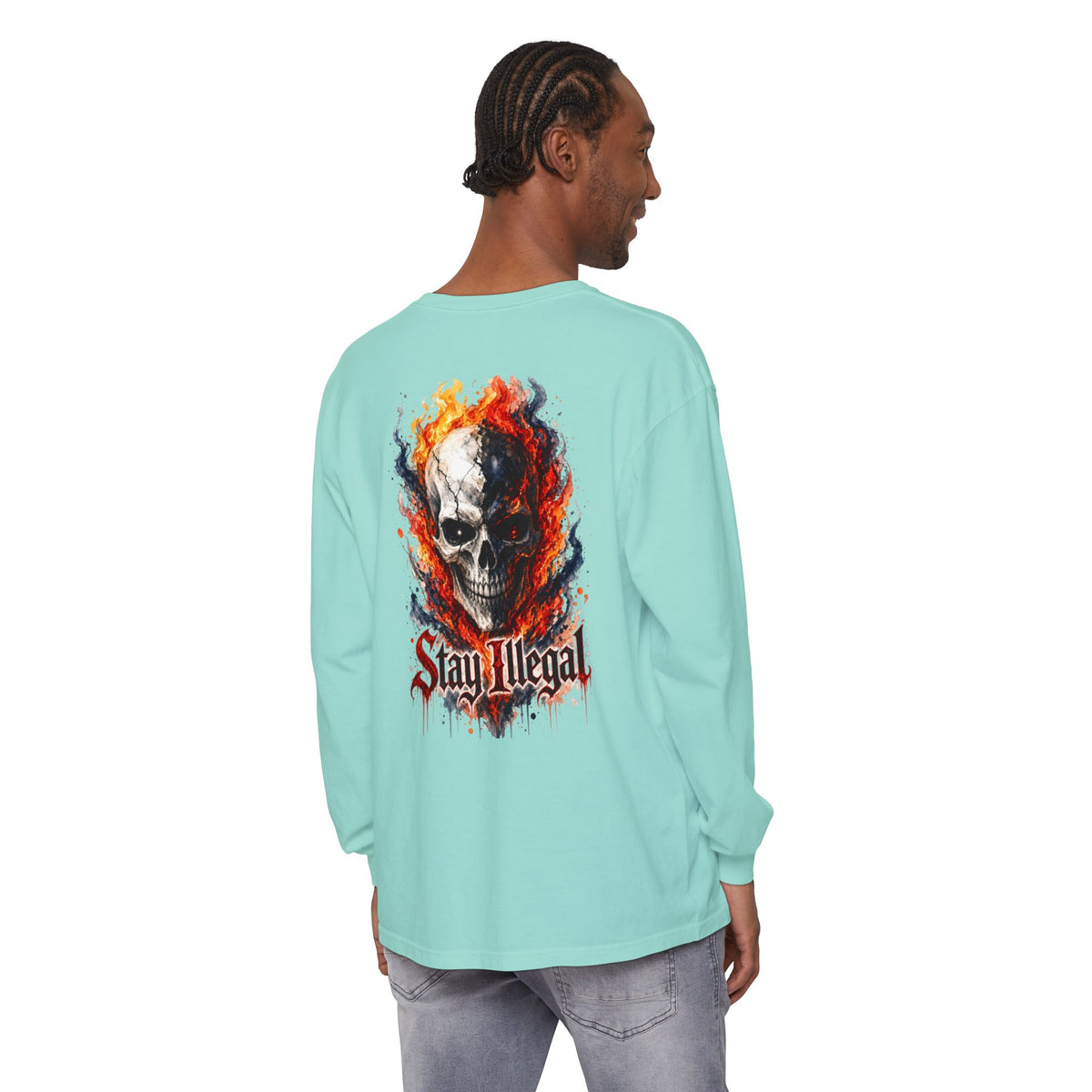 Back Print Long Sleeve T‑Shirt — Stay Illegal Skull/B