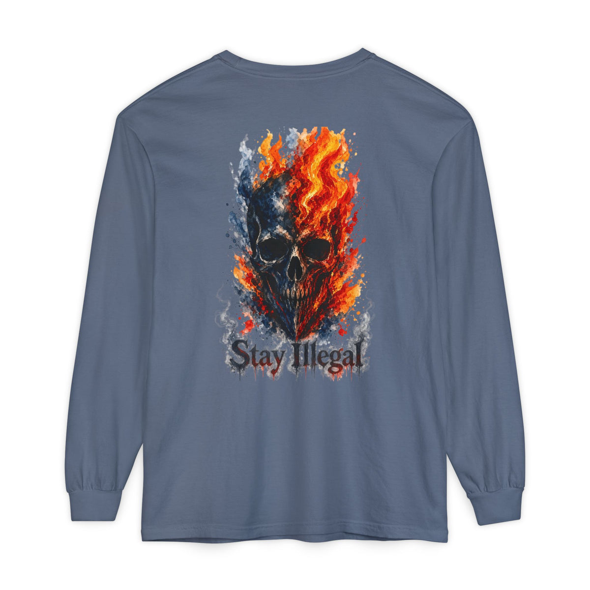 Back Print Long Sleeve T‑Shirt — Stay Illegal Skull/F