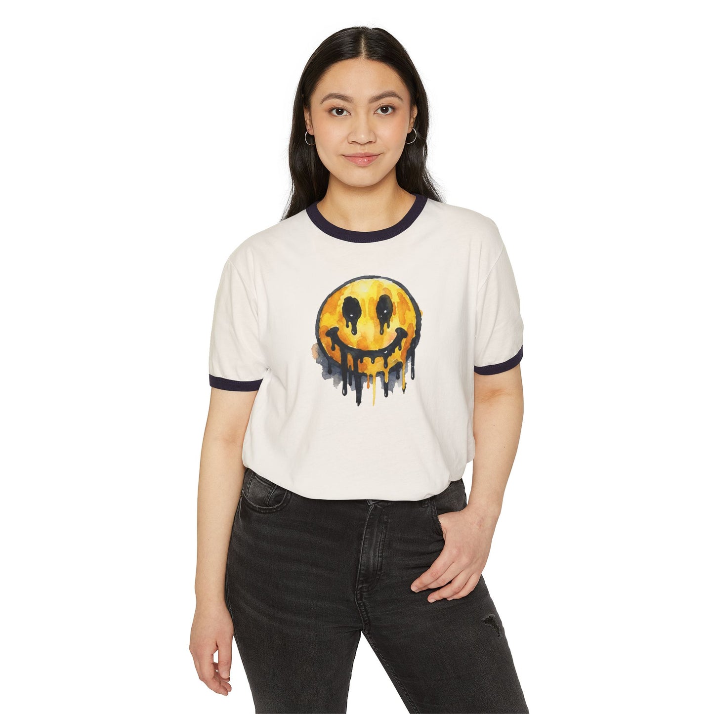 Stay Illegal Ringer T-Shirt — Smiley Drip Face
