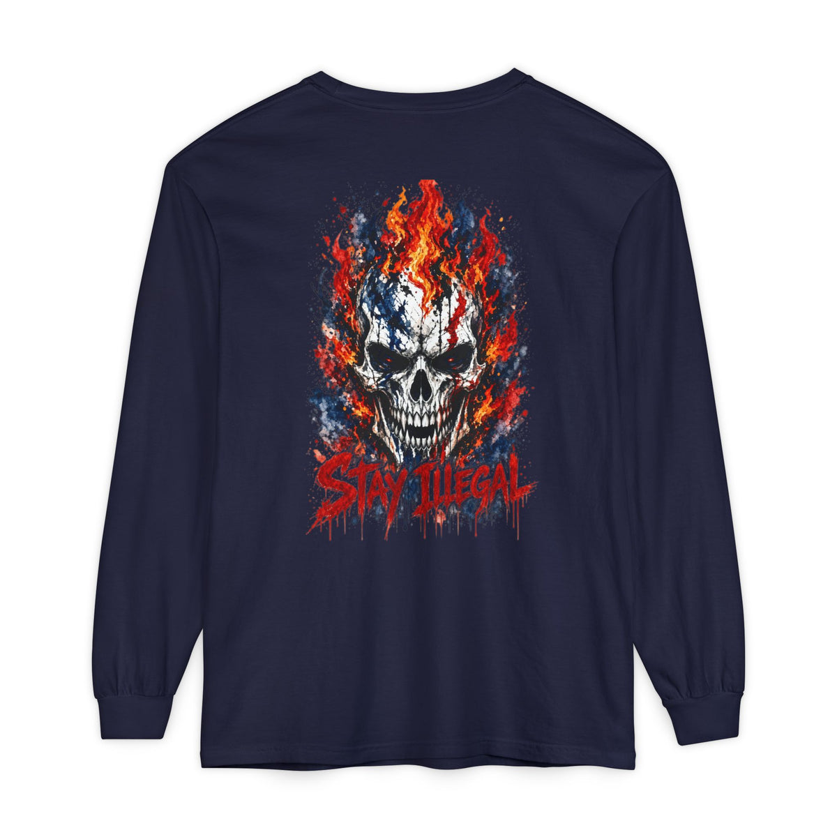 Back Print Long Sleeve T‑Shirt — Stay Illegal Skull/C
