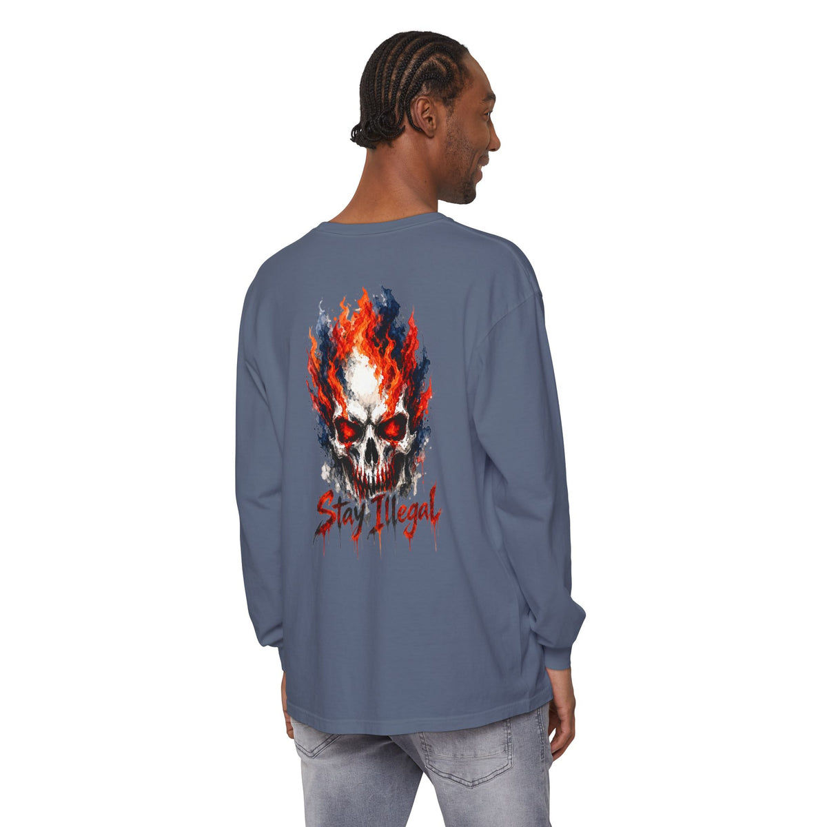 Back Print Long Sleeve T‑Shirt — Stay Illegal Skull/D
