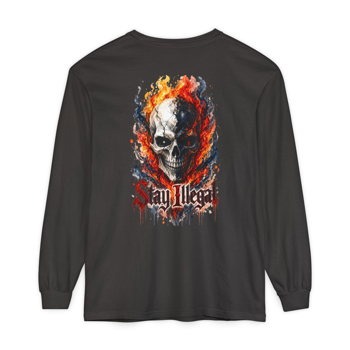Back Print Long Sleeve T‑Shirt — Stay Illegal Skull/B