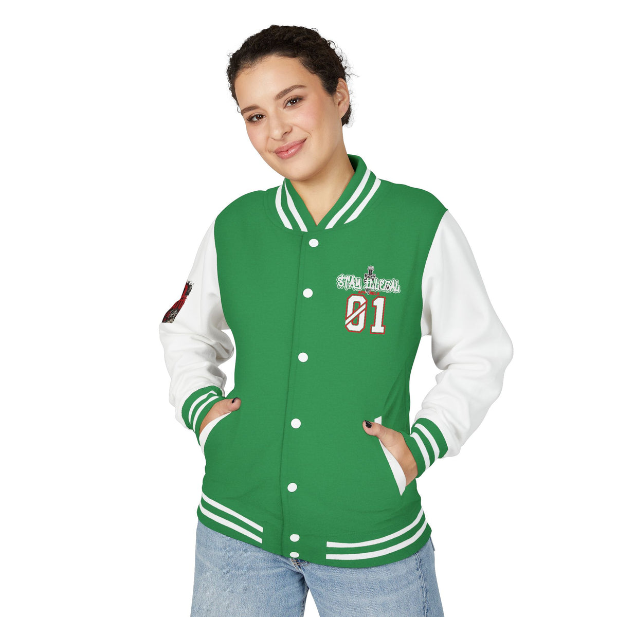 Stay Illegal Varsity Bomber Jacket - Calm Like a Bomb 01 (No To NATO Graphic)