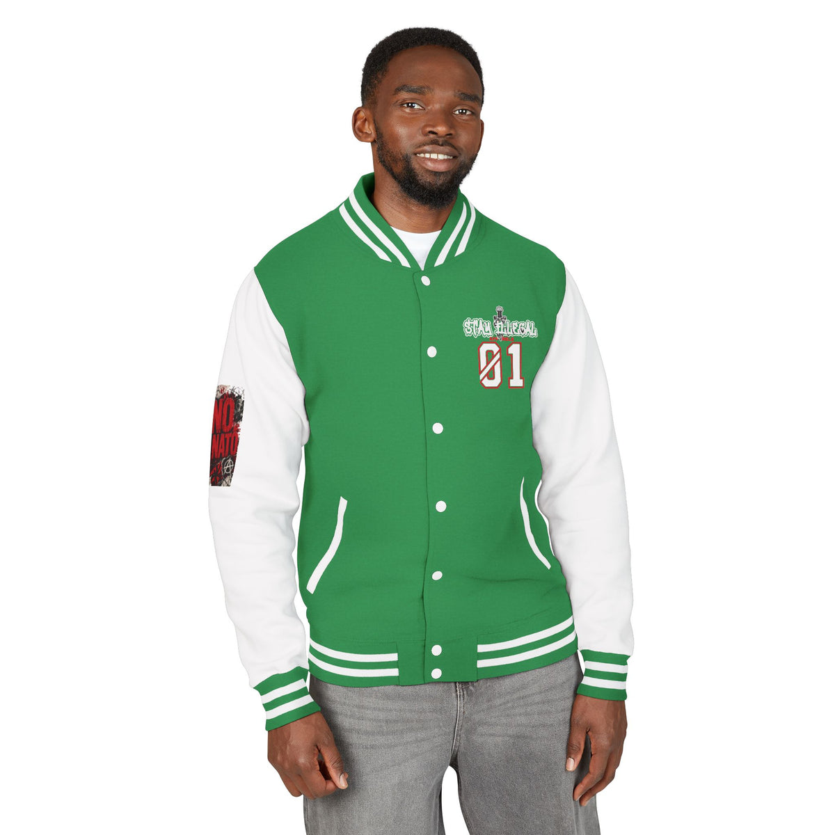 Stay Illegal Varsity Bomber Jacket - Calm Like a Bomb 01 (No To NATO Graphic)