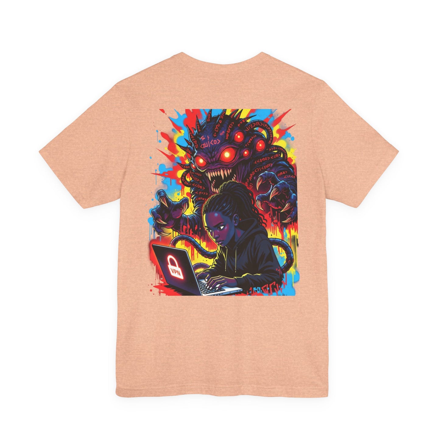 Back Print T‑Shirt — HACKER GIRL/NEON GLITCH VPN