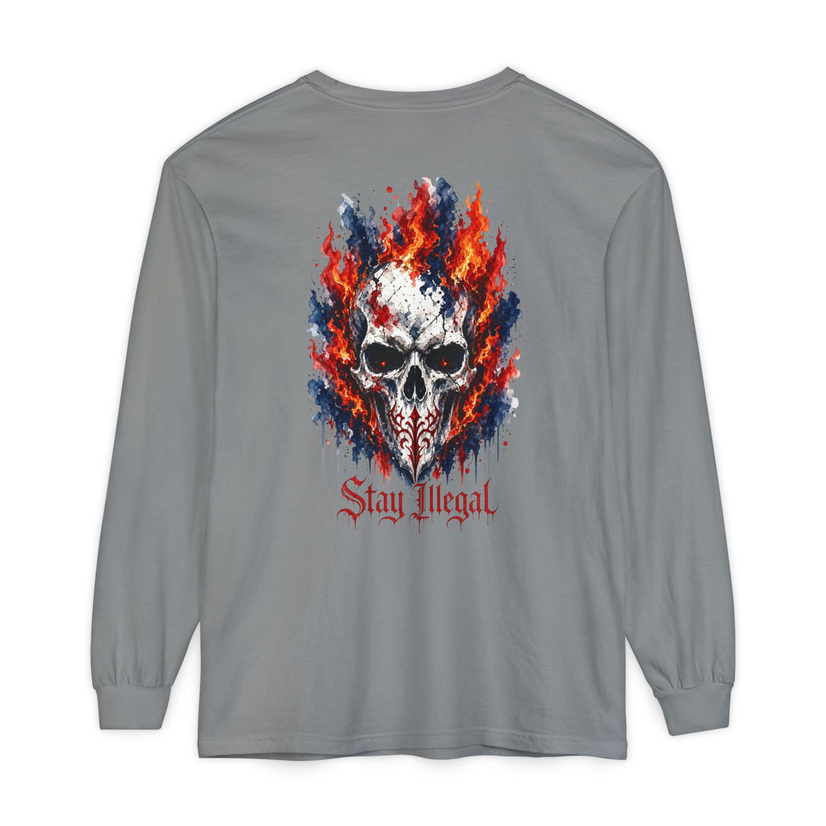 Back Print Long Sleeve T‑Shirt — Stay Illegal Skull/A