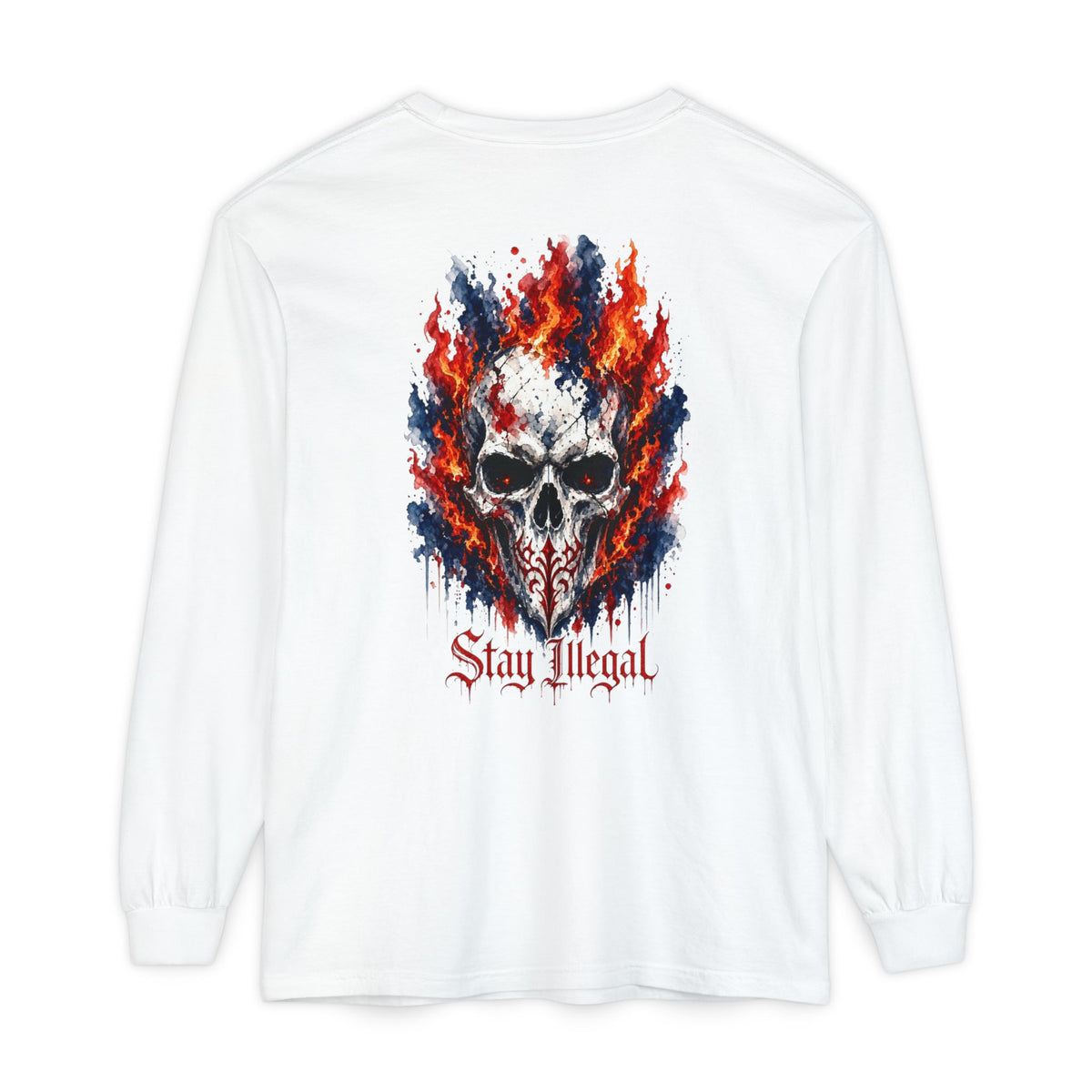 Back Print Long Sleeve T‑Shirt — Stay Illegal Skull/A