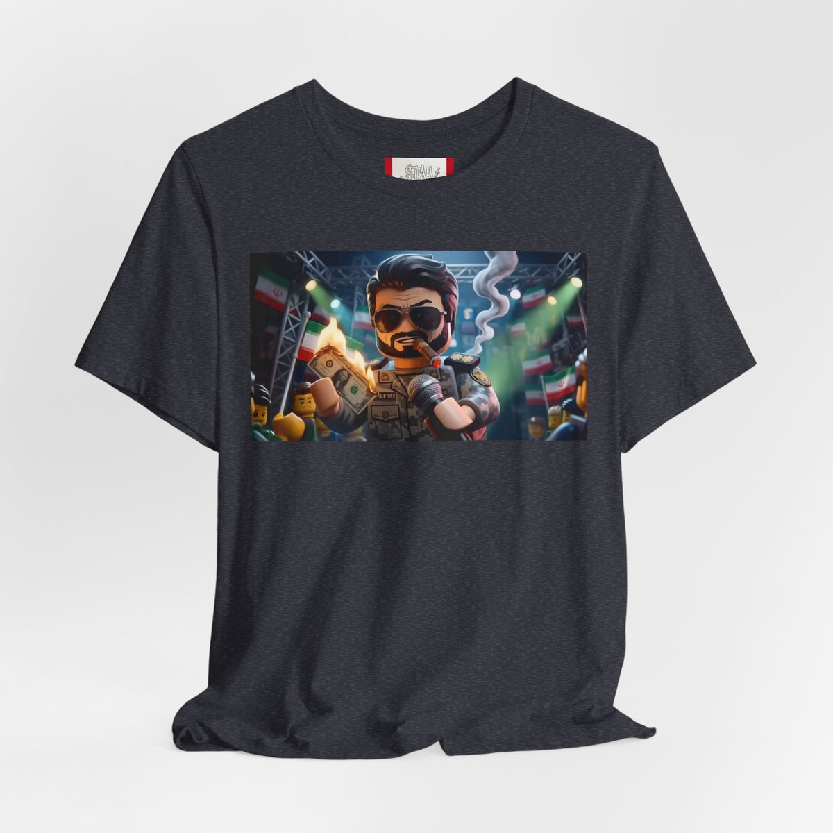 Propaganda T‑Shirt — IRAN LEGOS — IRGC Burn The Dollars