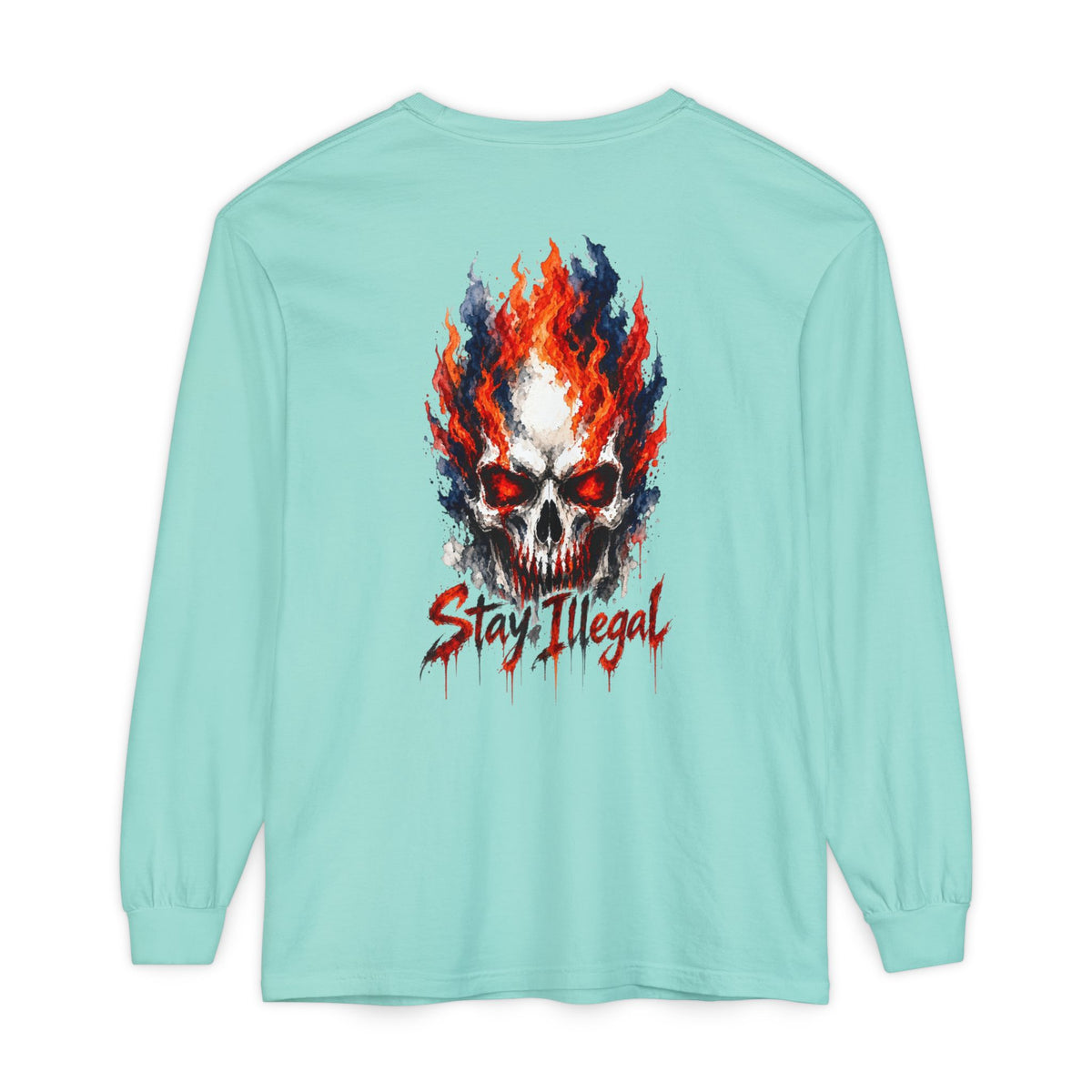 Back Print Long Sleeve T‑Shirt — Stay Illegal Skull/D