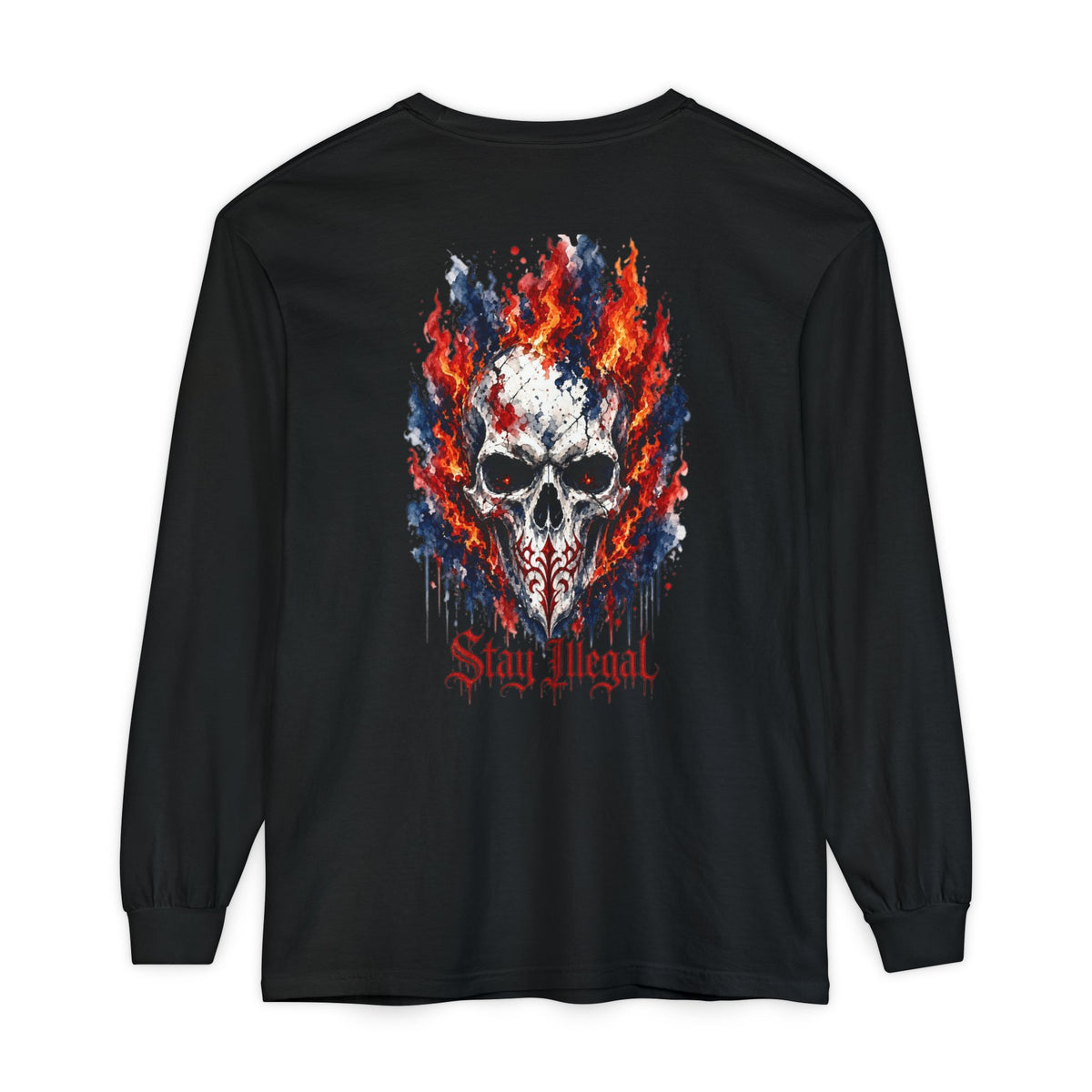 Back Print Long Sleeve T‑Shirt — Stay Illegal Skull/A