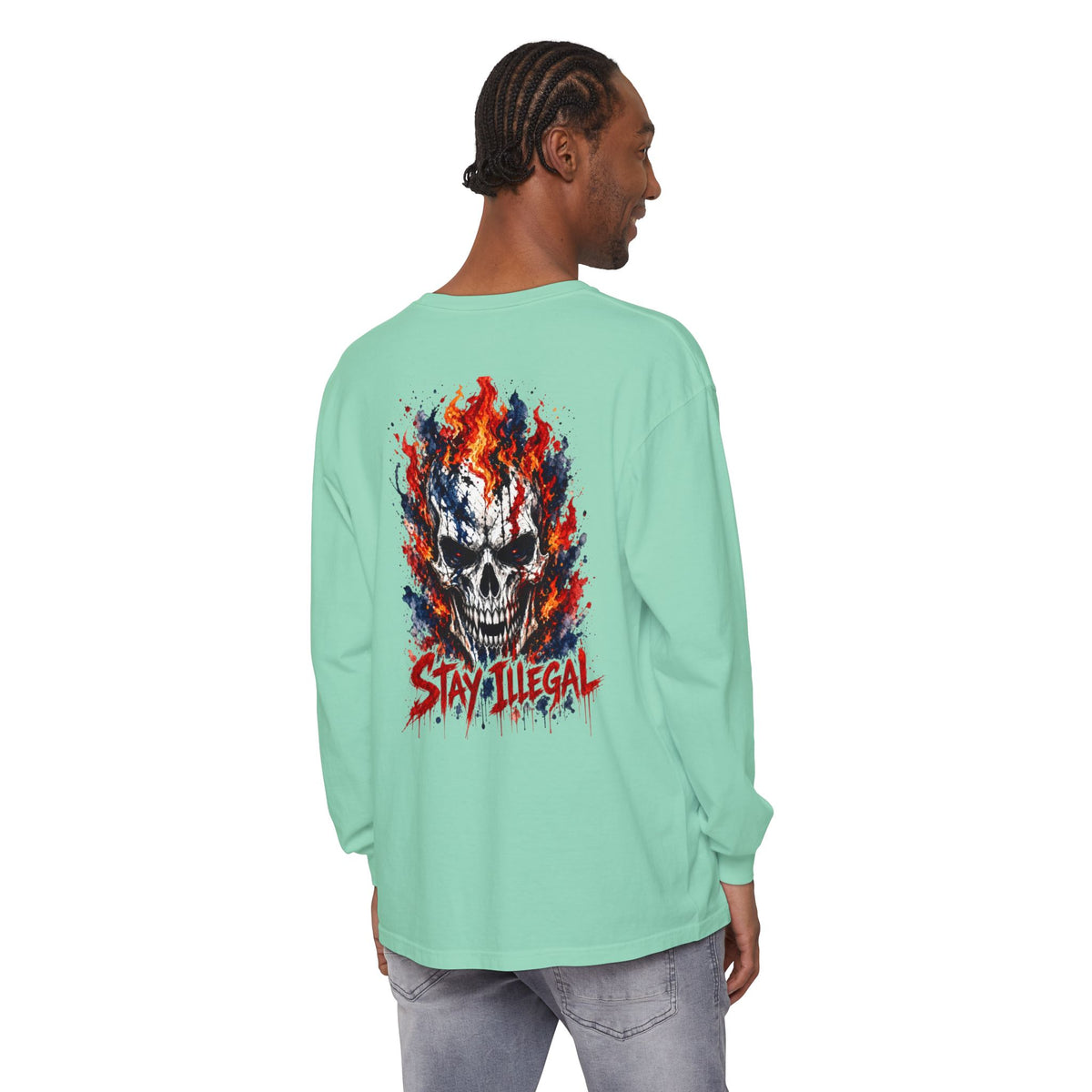 Back Print Long Sleeve T‑Shirt — Stay Illegal Skull/C