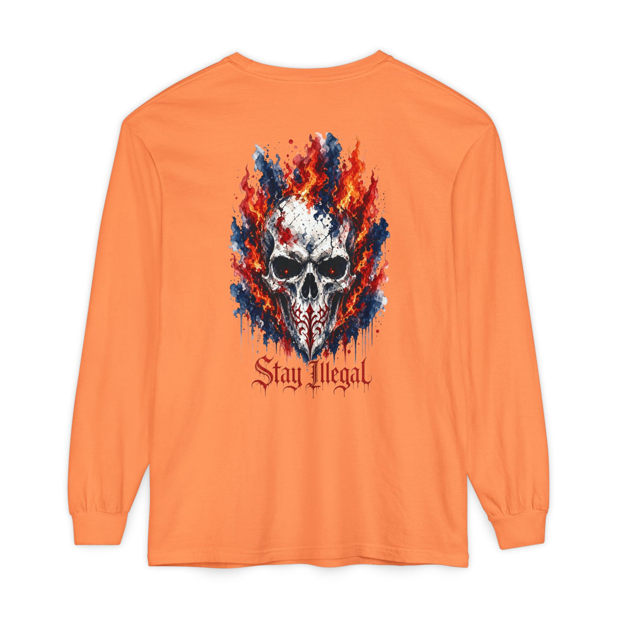 Back Print Long Sleeve T‑Shirt — Stay Illegal Skull/A