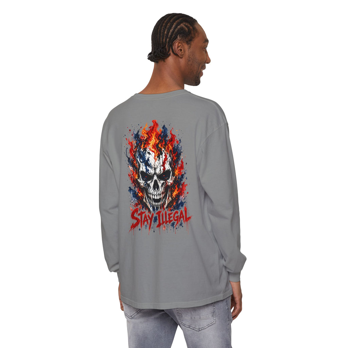 Back Print Long Sleeve T‑Shirt — Stay Illegal Skull/C