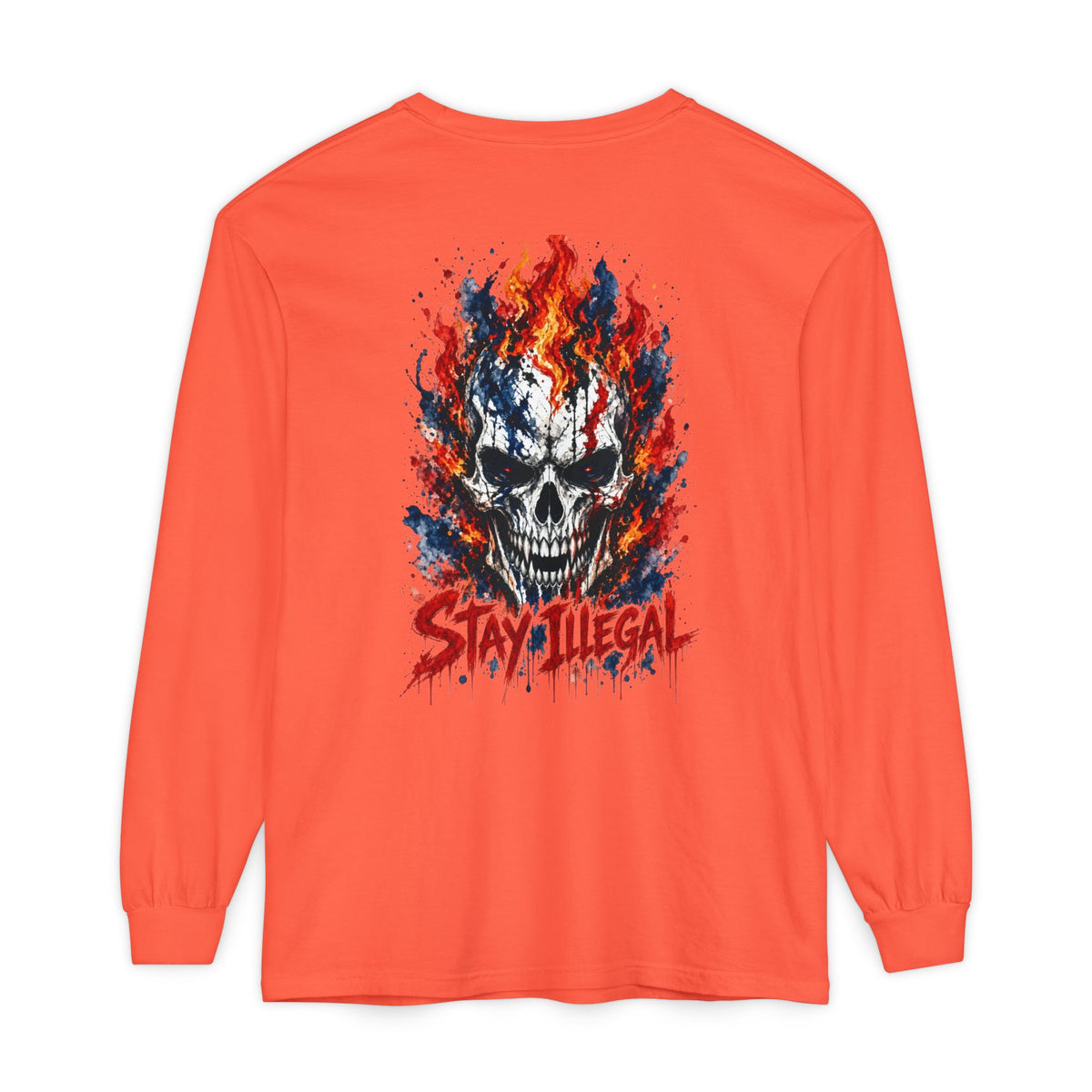 Back Print Long Sleeve T‑Shirt — Stay Illegal Skull/C