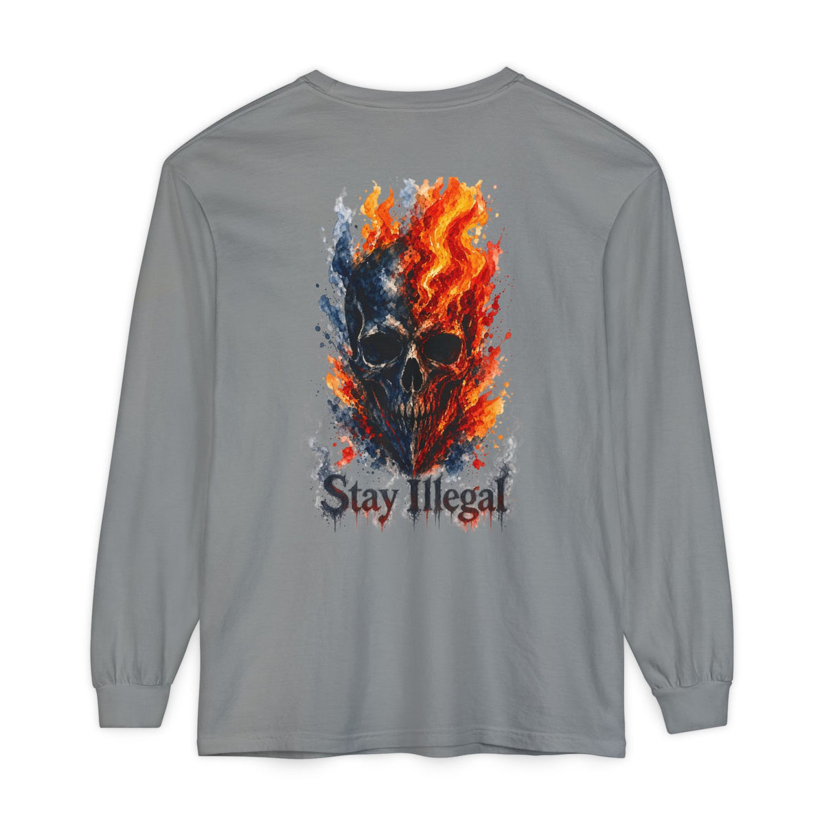 Back Print Long Sleeve T‑Shirt — Stay Illegal Skull/F