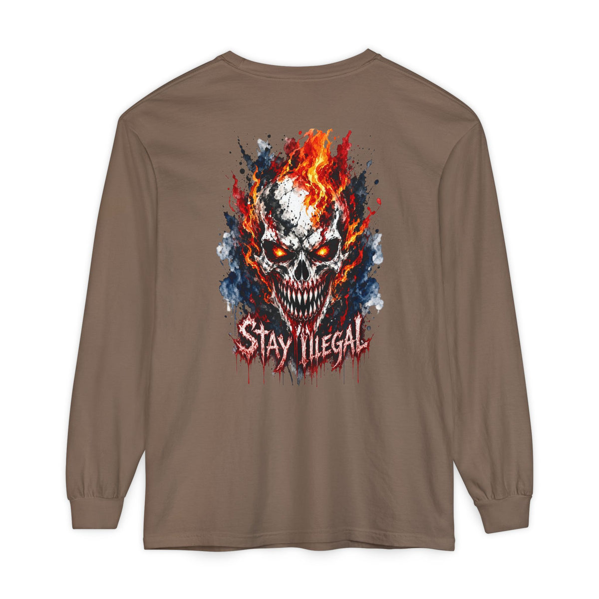Back Print Long Sleeve T‑Shirt — Stay Illegal Skull/E