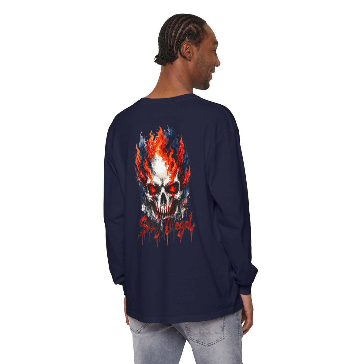 Back Print Long Sleeve T‑Shirt — Stay Illegal Skull/D
